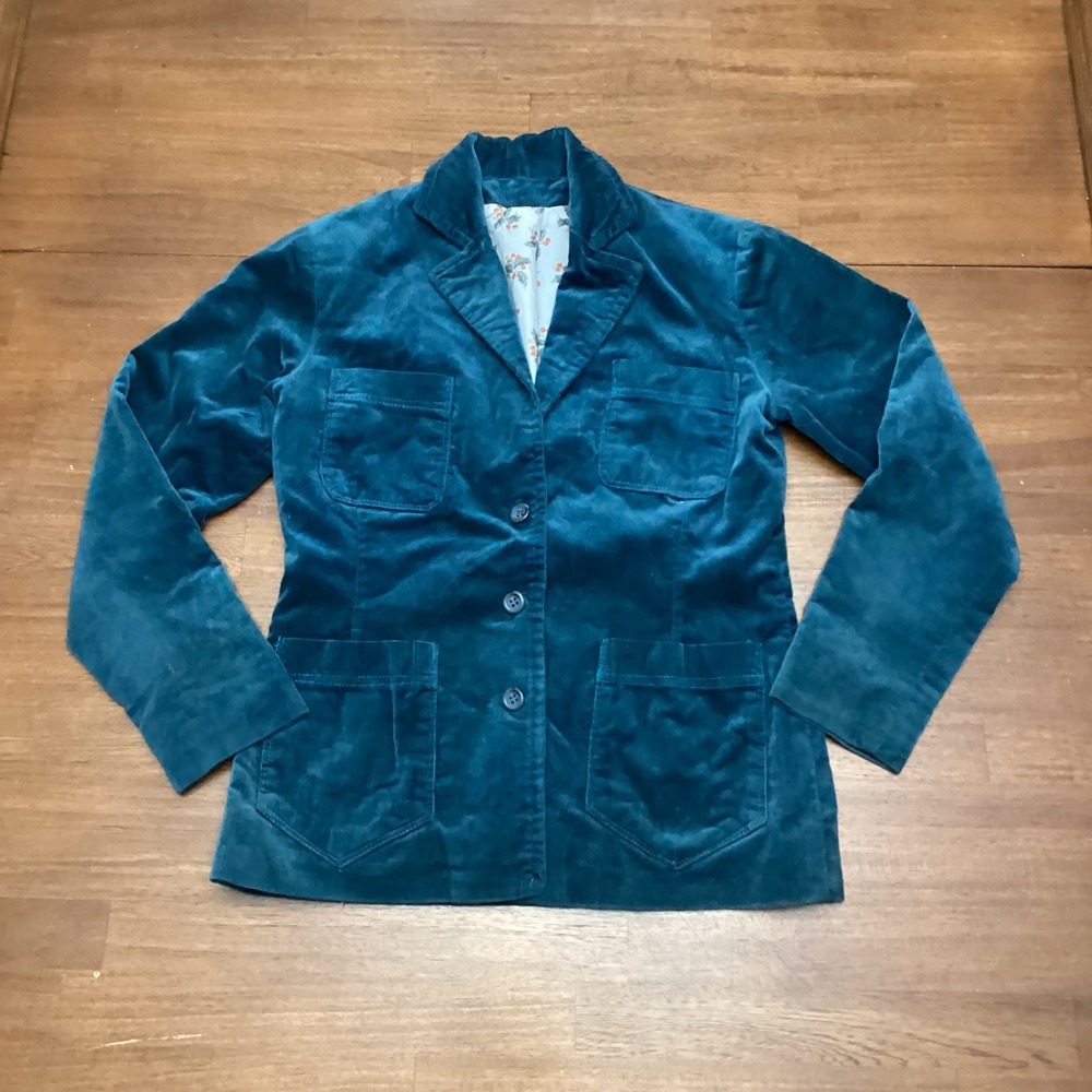 Womens Teal Blue Corduroy Three Button Blazer Jacket with Floral Lining Medium - Picture 6 of 7